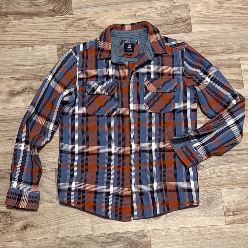Men's Blue and Orange Plaid Shirt